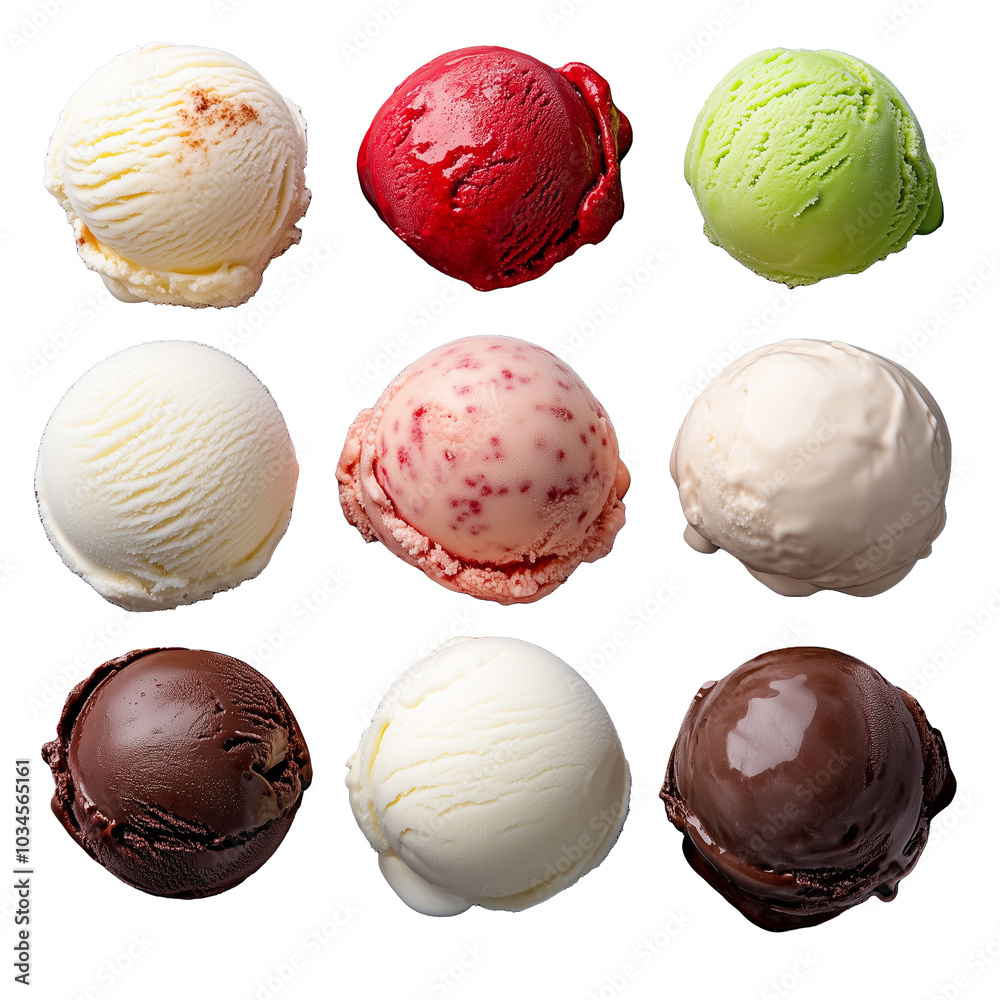 Nine assorted ice cream scoops on a transparent background