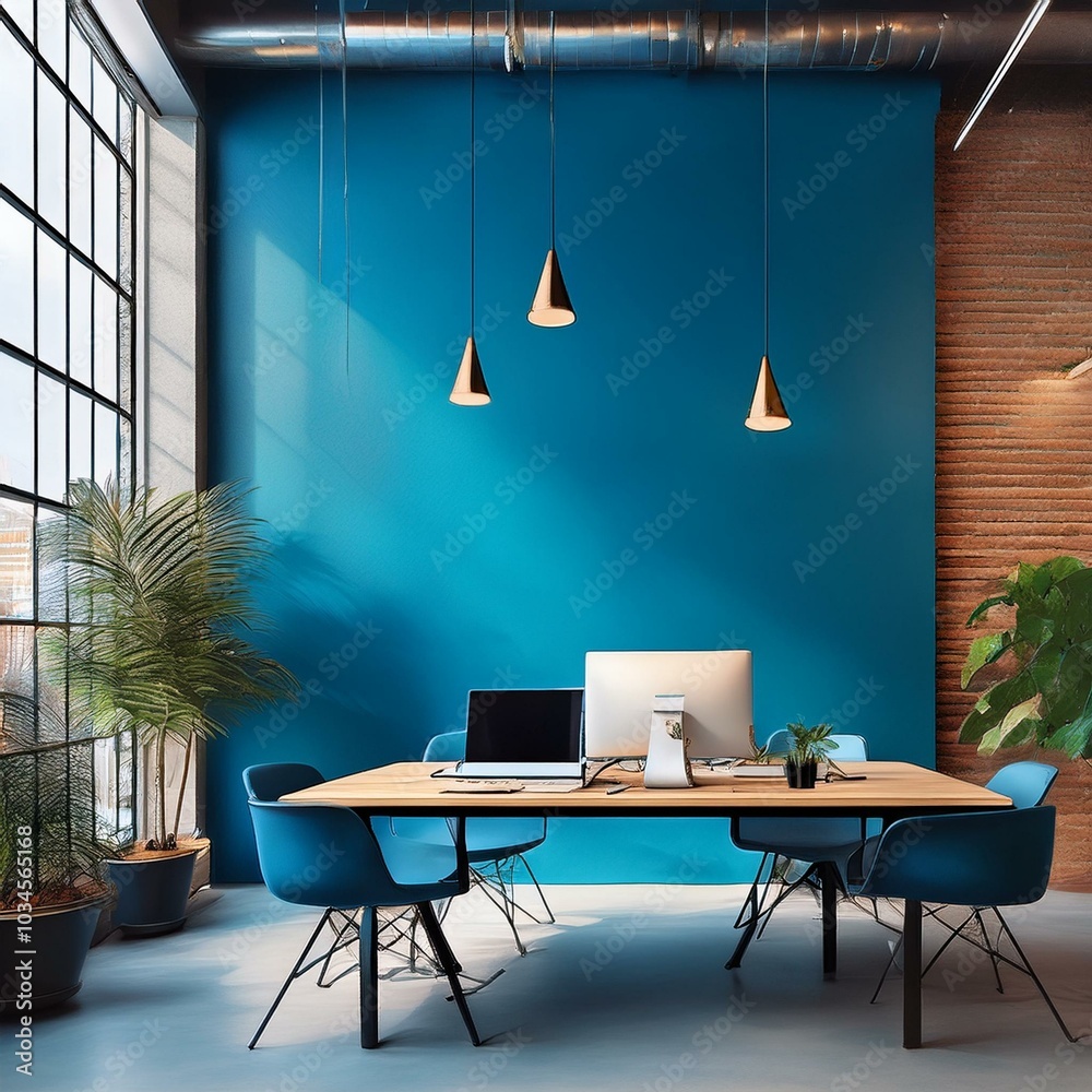 Coworking office in a loft style interior with blank blue wall. Coworking office in a loft style interior with blank blue wall.