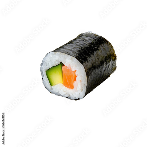 Close-up of a delicious sushi roll with salmon and cucumber