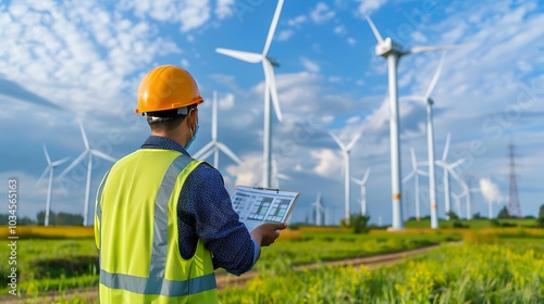 A worker in a safety helmet and vest monitors wind turbines in a green field, focusing on renewable energy.