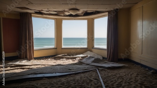 Severe storm damage to beach house near ocean, illustrating coastal destruction