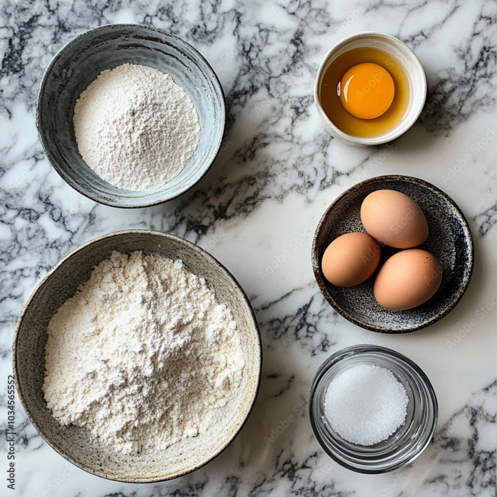 a white and grey marble table with the following ingredients laid out: flour in a bowl, baking powder in a plate, Salt in a plate, Eggs, sugar in a bowl and water in a bowl