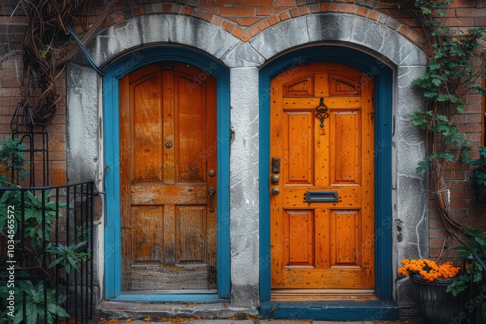Pair of Brown Wooden Doors - One Open, One Closed Pair of Brown Wooden Doors - One Open, One Closed