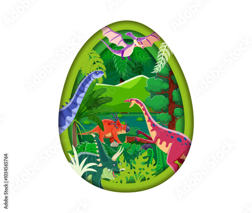 Paper cut dino egg with prehistoric dinosaurs landscape. 3d vector papercut egg-shaped frame or border with layers, featuring dinosaur species in jungle forest with lush greenery, ferns and trees photo