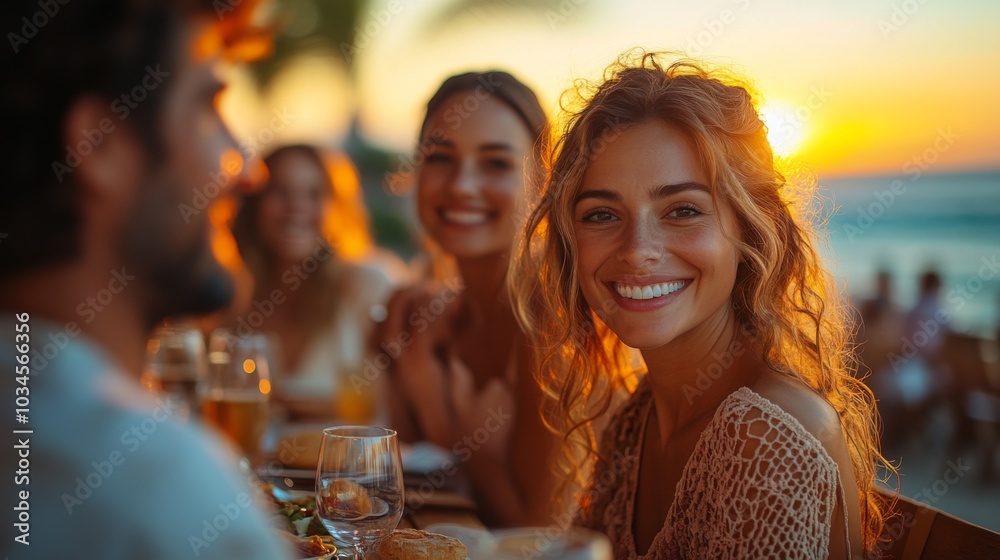 A joyful group gathers around a table, sharing food and drinks as the sun sets over the ocean, creating a warm and inviting atmosphere perfect for celebration. A joyful group gathers around a table, sharing food and drinks as the sun sets over the ocean, creating a warm and inviting atmosphere perfect for celebration.