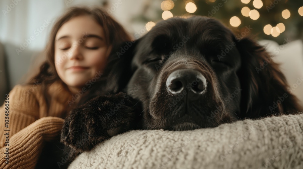 A cozy scene featuring a girl enjoying a peaceful moment with her dog, surrounded by festive decor and soft lighting. A cozy scene featuring a girl enjoying a peaceful moment with her dog, surrounded by festive decor and soft lighting.