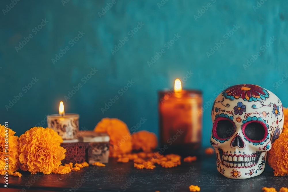 This minimalistic altar for Día de los Muertos is beautifully decorated with colorful sugar skulls vibrant marigolds and glowing candles creating a serene and inviting atmosphere This minimalistic altar for Día de los Muertos is beautifully decorated with colorful sugar skulls vibrant marigolds and glowing candles creating a serene and inviting atmosphere