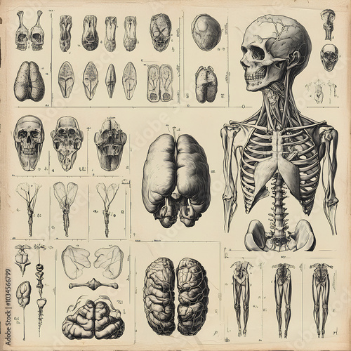 Vintage Anatomy Illustration  Human Skull  Brain  Skeleton and Muscles