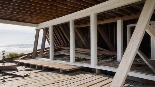 Collapsed deck of beachfront house showing destruction from coastal storms