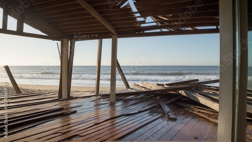 Collapsed deck of beachfront house showing destruction from coastal storms