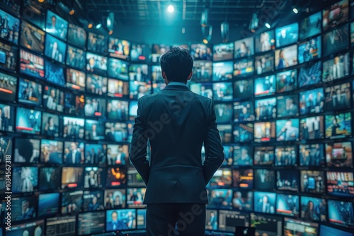 Businessman Engrossed in Media Technology: Rear View of Professional Analyzing Wall of TV Monitors and Online Broadcasts for Effective Advertising and Communication Strategies