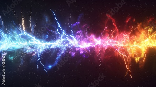 A vibrant depiction of cosmic energy, showcasing colorful lightning against a starry background.