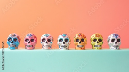 A vibrant arrangement of minimalistic colorful sugar skulls showcases intricate designs on a bright tablecloth creating a festive atmosphere filled with life and culture