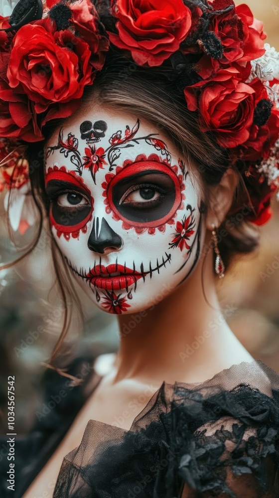 A stunning woman showcases intricate sugar skull face painting complemented by a vibrant floral crown. This artistic expression highlights cultural traditions and artistic skill A stunning woman showcases intricate sugar skull face painting complemented by a vibrant floral crown. This artistic expression highlights cultural traditions and artistic skill