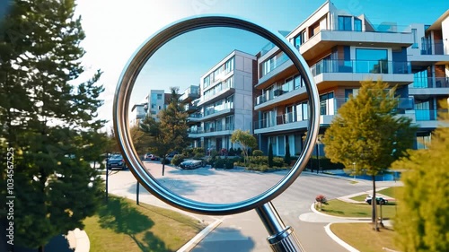 Searching new house for purchase. Rental housing market. Magnifying glass near residential building. Created with Generative AI Video