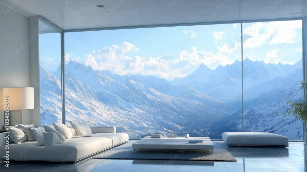 Minimal modern interior living room, with view on beautiful mountains. Generative AI Video Minimal modern interior living room, with view on beautiful mountains. Generative AI Video