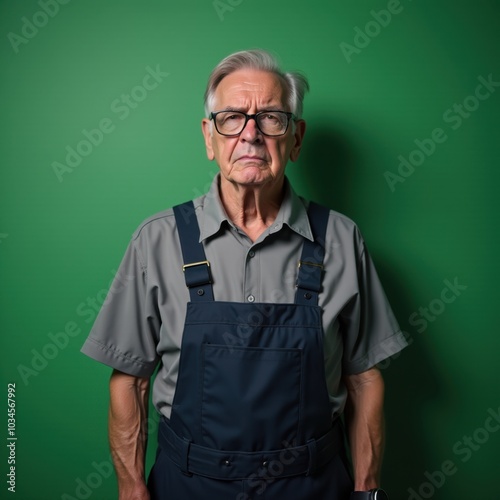 Bearded senior male standing against a solid green backdrop.