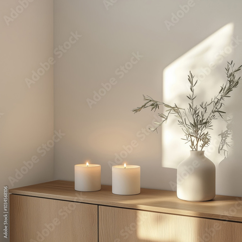 A wooden sideboard with two black candlesticks with white candles, with a vase featuring olive tree branches photo