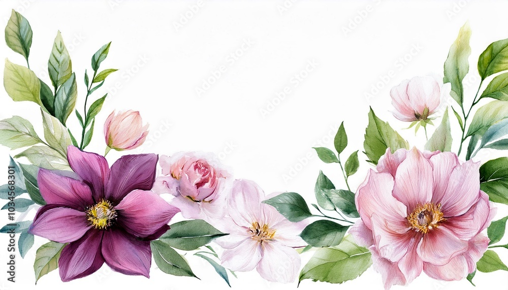 Fototapeta premium Card flowers on an isolated white background. Watercolor painting, greeting card, wedding invitation banner. 