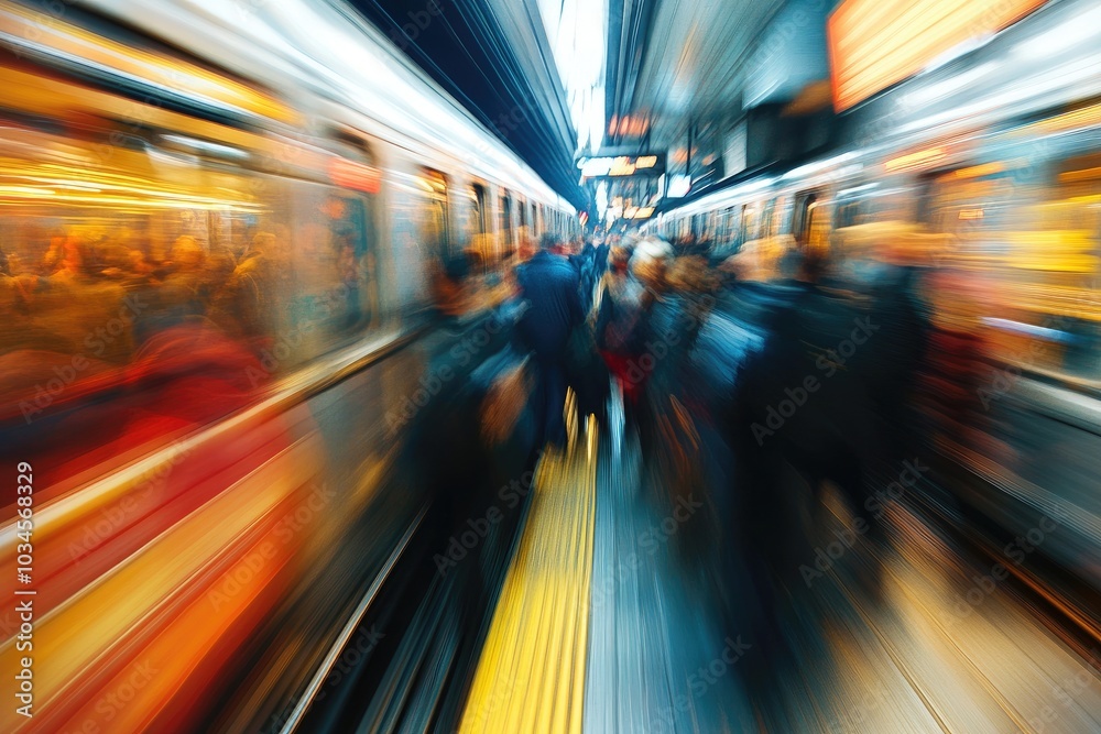 Blurry train and people, motion effect. Perfect for illustrating the fast-paced, urban lifestyle. Blurry train and people, motion effect. Perfect for illustrating the fast-paced, urban lifestyle.