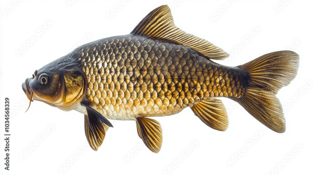 Fototapeta premium close up of a Carp reveals its distinctive features including scales and fins while set against a clean white backdrop. This highlights the fishs natural beauty.