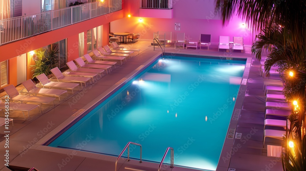 Obraz premium Inviting swimming pool area illuminated with colorful lights at a hotel during evening hours