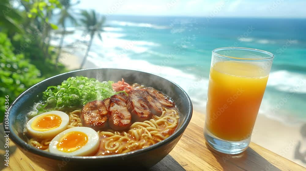 Delicious ramen with meat and soft-boiled egg, chilled orange juice by a calm beach. Delicious ramen with meat and soft-boiled egg, chilled orange juice by a calm beach.