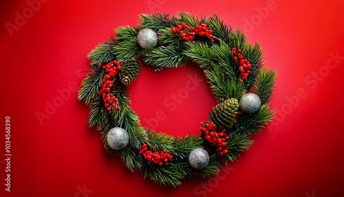 Christmas wreath design, red background.