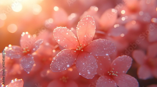 Pink Flower with Dew Drops - Close Up Macro Illustration