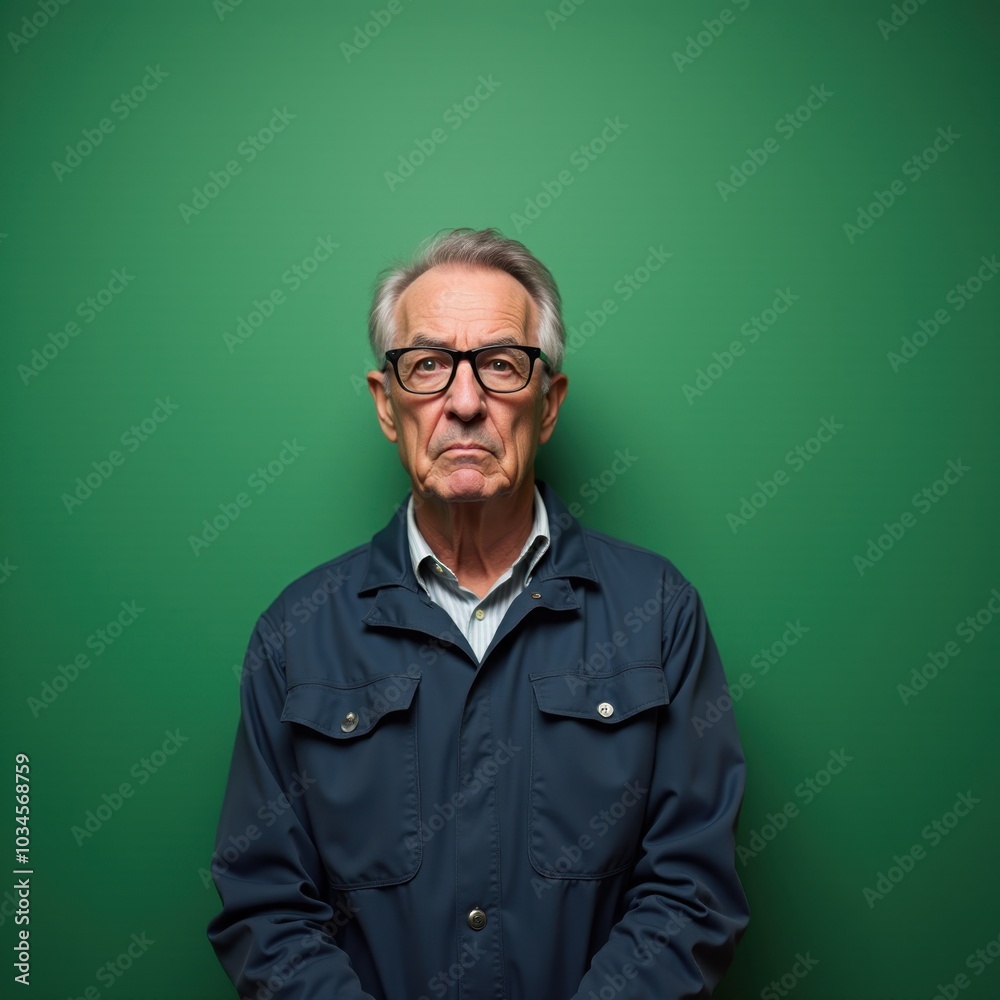 Fototapeta premium Confident mature man in casual attire against a green background.