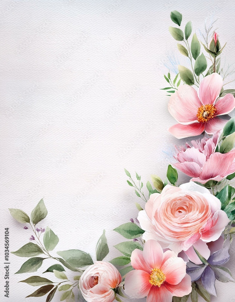 Card flowers on an isolated soft blue background. Watercolor painting, greeting card, wedding invitation. space for text Card flowers on an isolated soft blue background. Watercolor painting, greeting card, wedding invitation. space for text