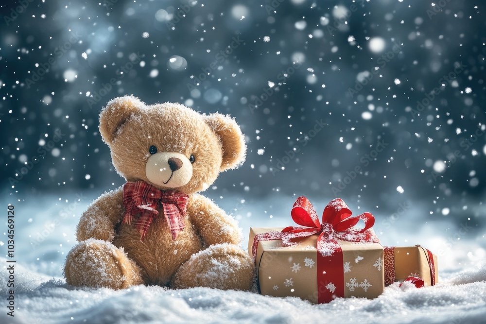 Teddy bear with gift in snow. Great image for winter, Christmas, and gift-giving themes. Teddy bear with gift in snow. Great image for winter, Christmas, and gift-giving themes.