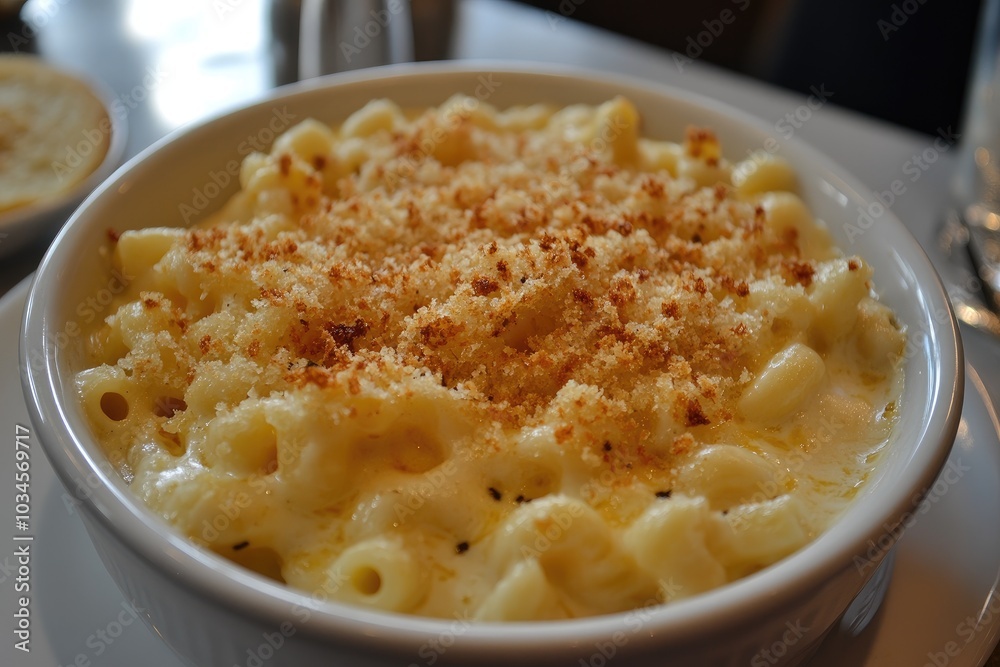 A bowl of macaroni and cheese with crispy breadcrumbs. This photo is perfect for a food blog or recipe site. A bowl of macaroni and cheese with crispy breadcrumbs. This photo is perfect for a food blog or recipe site.