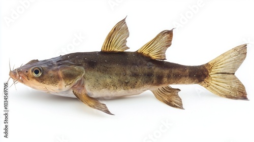 electric catfish belonging to the Malapteruridae family is depicted isolated on a white background highlighting its distinctive body and fins.