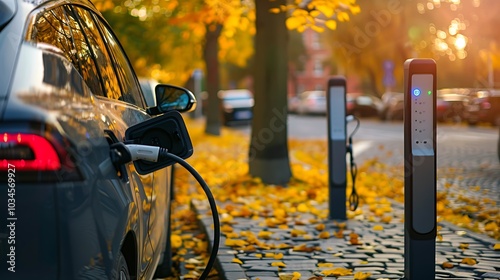 A car charging at an electric station surrounded by autumn foliage in a serene urban setting.