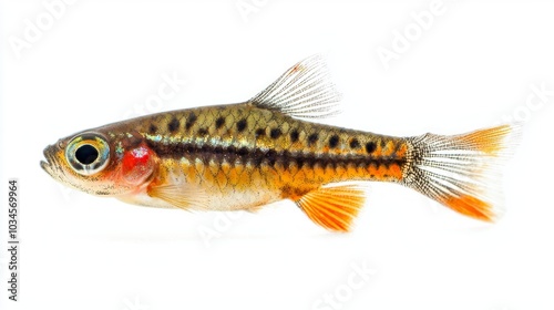 detailed view showcases a Giant Danio Devario aequipinnatus featuring bright coloration and distinctive fin structures isolated against a clean white background. photo