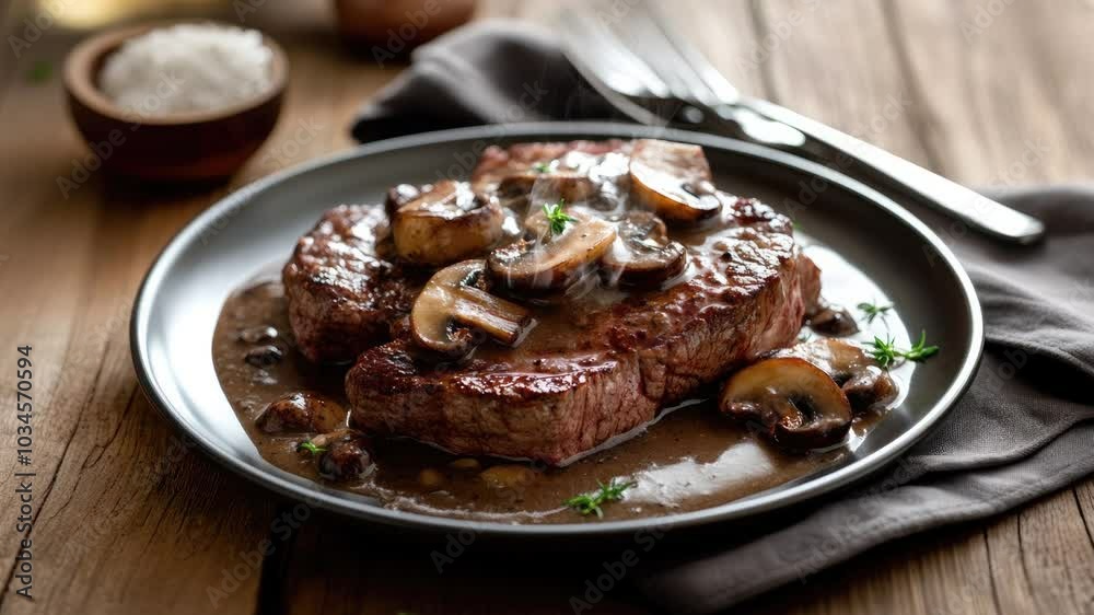 Zooming in on a Delicious Plate of Steak with Mushroom Sauce Zooming in on a Delicious Plate of Steak with Mushroom Sauce