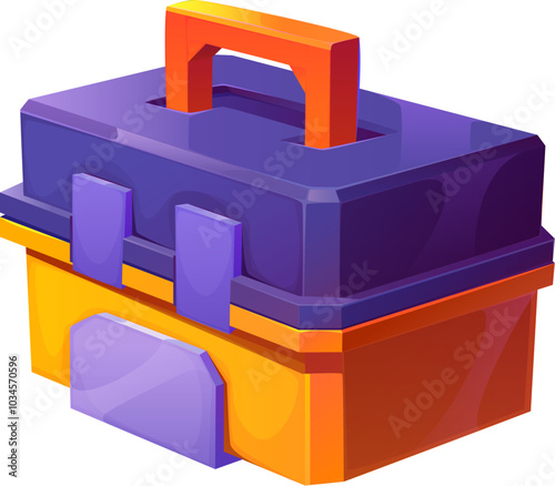 Cartoon futuristic sci fi game toolbox, space chest. Isolated vector gaming asset, storage for instruments utility and organization, features orange and purple colors with sturdy handle and lock