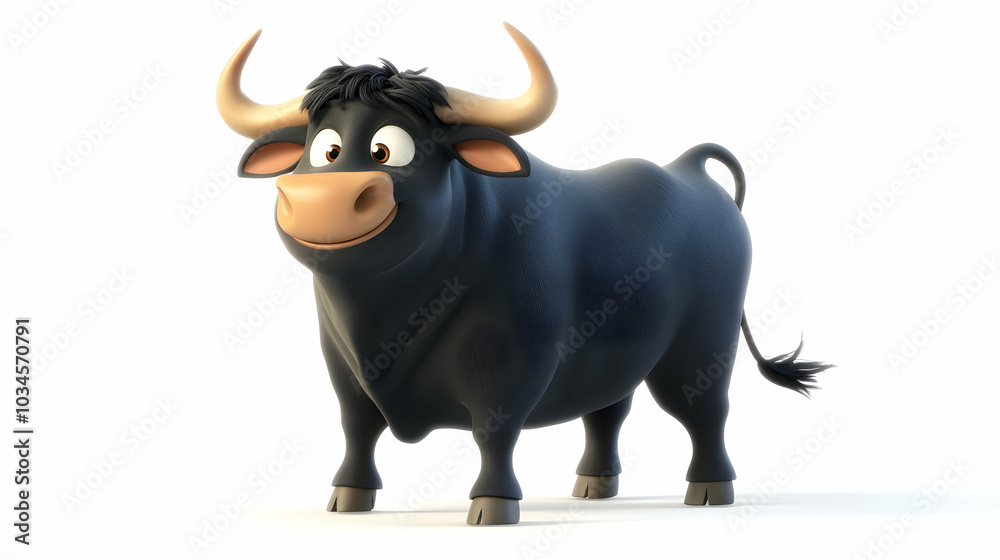 3D cartoon illustration of a black bull standing on a white background 3D cartoon illustration of a black bull standing on a white background