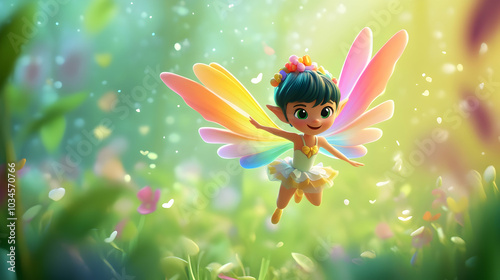 3D cartoon illustration of a fairy with rainbow wings flying in the air 