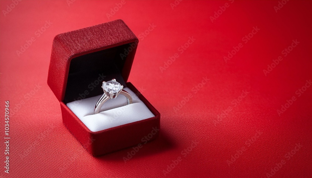 Diamond ring in jewelry gift box floated on red background
Diamond ring in jewelry gift box floated on red background