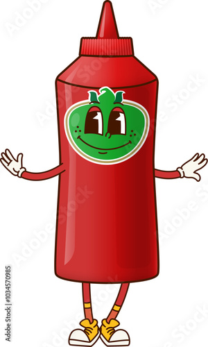 Groovy fast food ketchup bottle character. Isolated cartoon vector retro, funky personage. Catsup or tomato sauce with nostalgic hippie vibe. Funny vintage hippie condiment in re plastic container