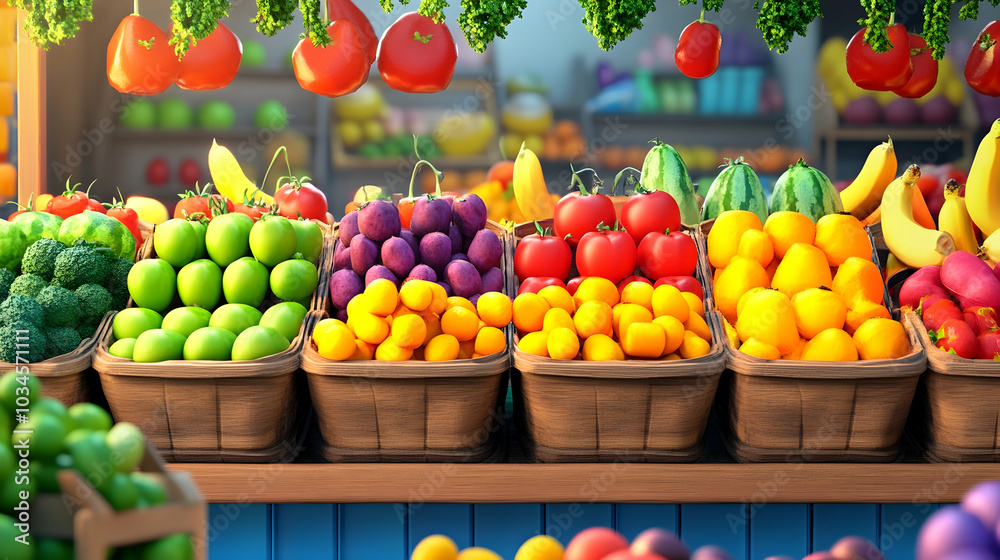 3D cartoon illustration of a vibrant produce display at a busy market 3D cartoon illustration of a vibrant produce display at a busy market