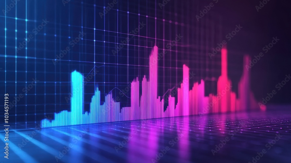 Abstract Neon Bar Chart with Blue and Pink Bars on Grid Background Abstract Neon Bar Chart with Blue and Pink Bars on Grid Background
