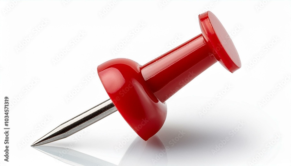A close-up of a single bright red push pin with a metallic needle, isolated on a white background A close-up of a single bright red push pin with a metallic needle, isolated on a white background