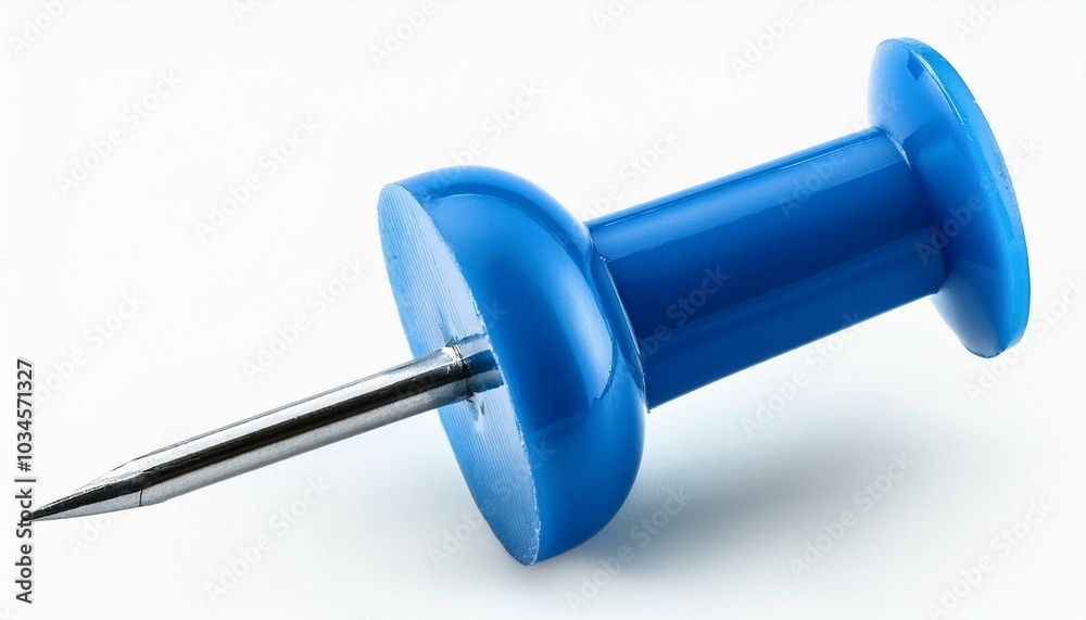 A close-up of a single bright blue push pin with a metallic needle, isolated on a white background A close-up of a single bright blue push pin with a metallic needle, isolated on a white background