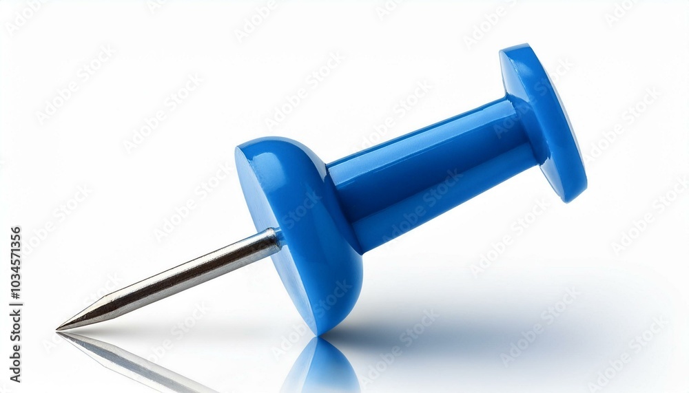 A close-up of a single bright blue push pin with a metallic needle, isolated on a white background A close-up of a single bright blue push pin with a metallic needle, isolated on a white background