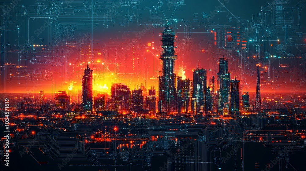 Cyberpunk Cityscape with Digital Overlay Cyberpunk Cityscape with Digital Overlay