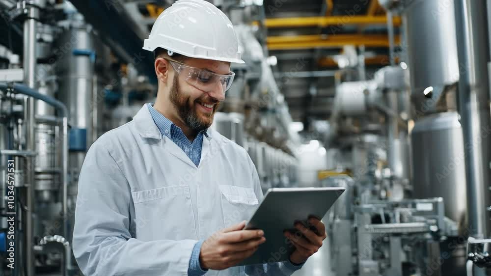 Smiling Engineer Using Tablet in Industrial Facility Generative AI image Video Smiling Engineer Using Tablet in Industrial Facility Generative AI image Video
