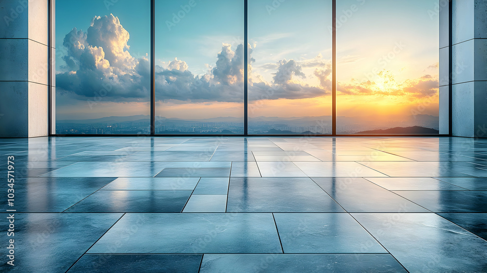 Cityscape View From Large Windows in Modern Office Building - 3D Illustration Cityscape View From Large Windows in Modern Office Building - 3D Illustration